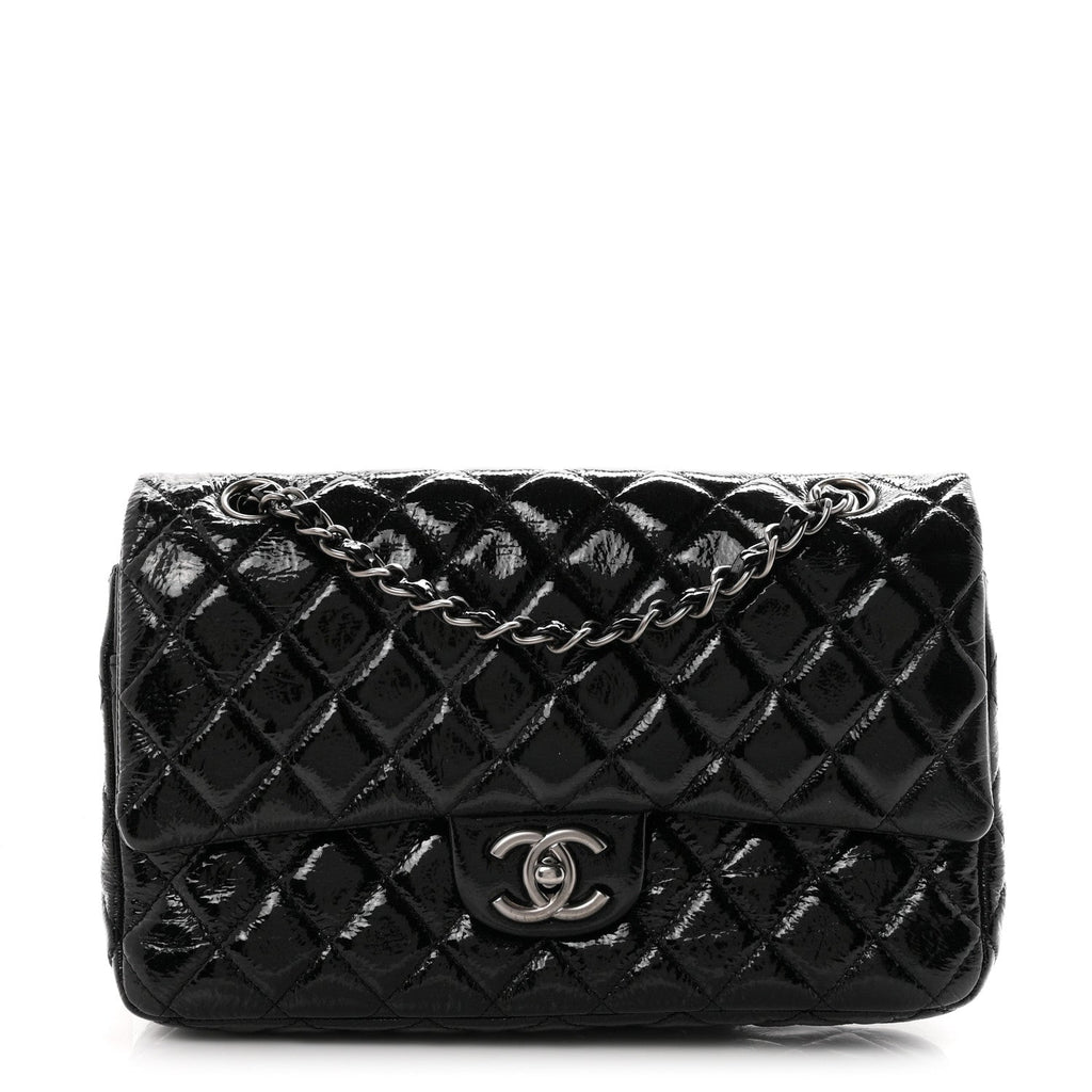 Crumpled Patent Quilted Medium Double Flap Black wholesalehk.shop