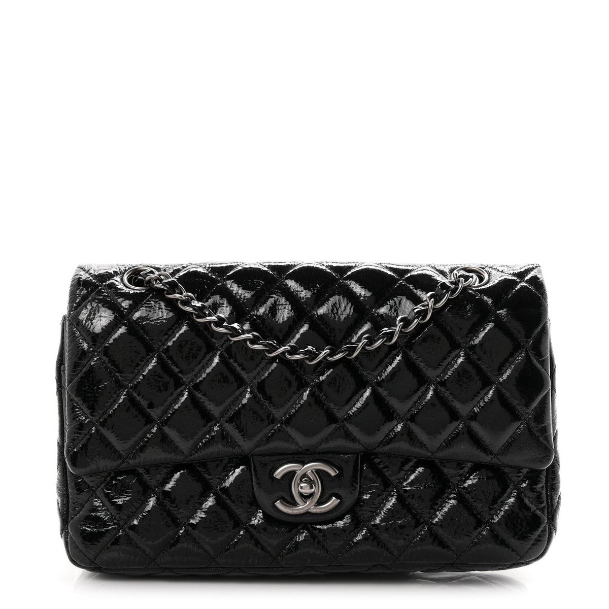 Crumpled Patent Quilted Medium Double Flap Black wholesalehk.shop