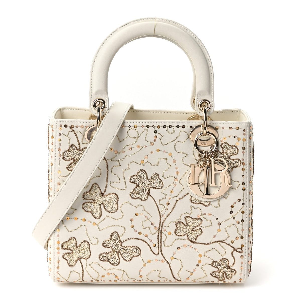 Smooth Calfskin Sequin Embroidered Clover Medium Lady Dior White wholesalehk.shop