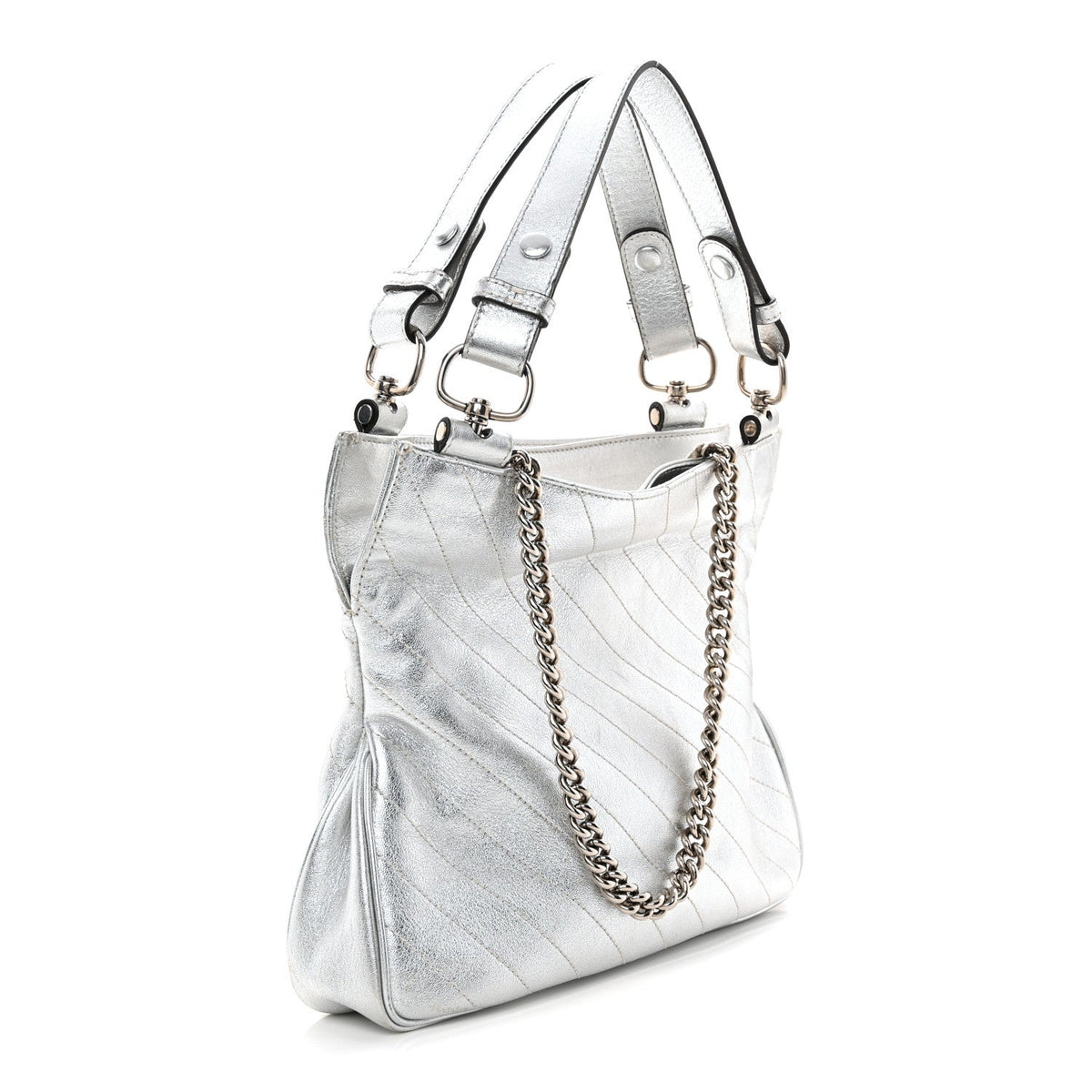 Sakai Be Green Calfskin Diagonal Stitched Small Blondie Tote Silver wholesalehk.shop