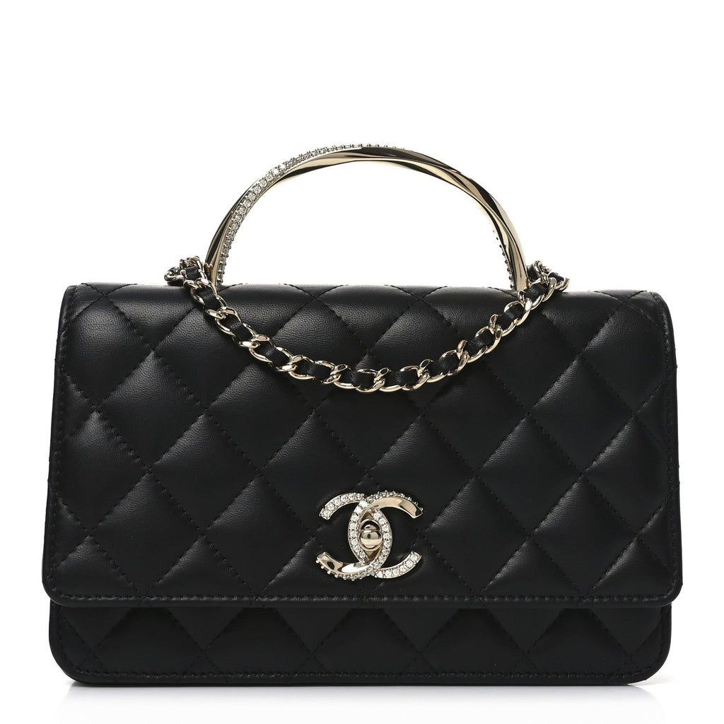 Lambskin Quilted Crystal Handle Wallet On Chain WOC Black wholesalehk.shop