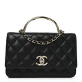 Lambskin Quilted Crystal Handle Wallet On Chain WOC Black wholesalehk.shop