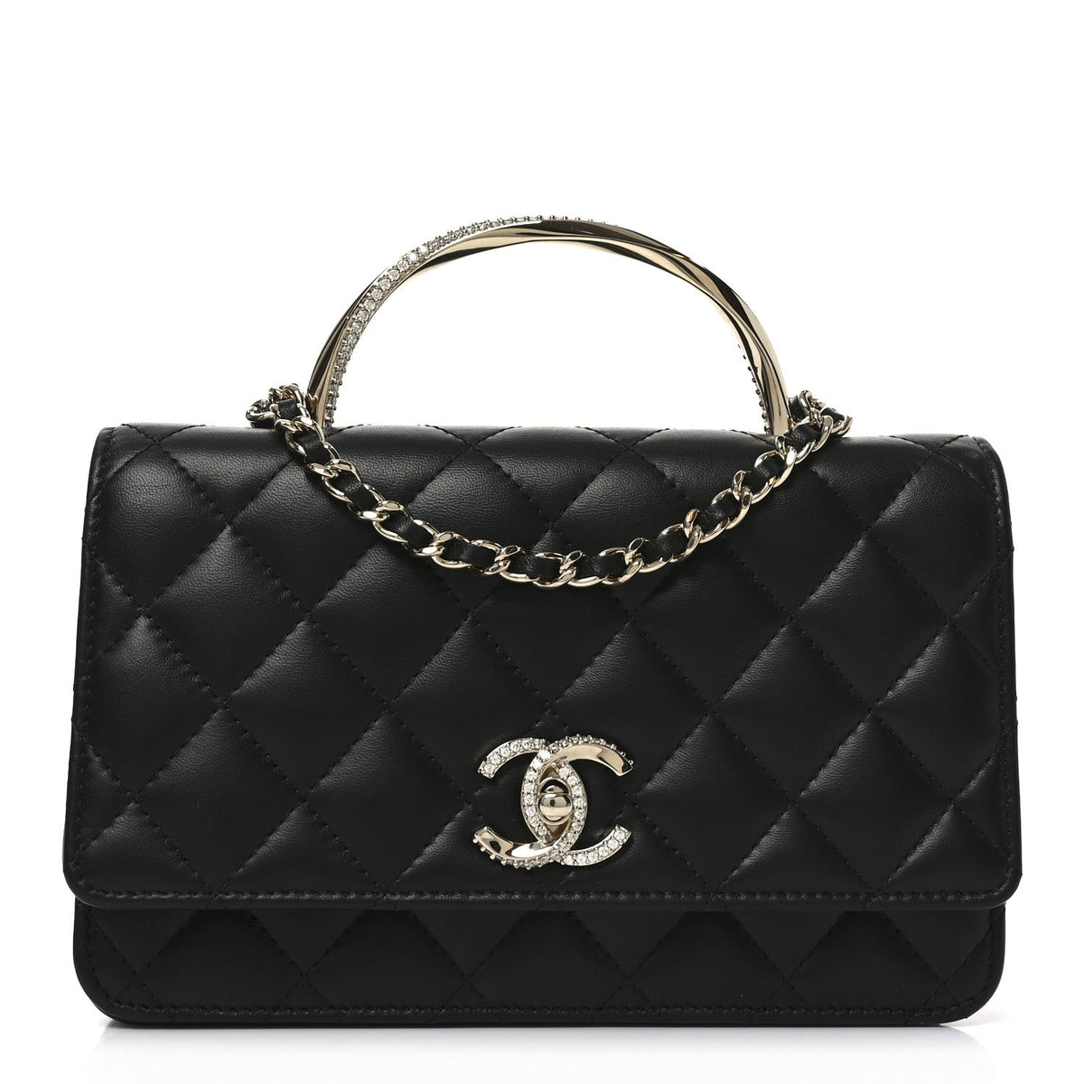 Lambskin Quilted Crystal Handle Wallet On Chain WOC Black wholesalehk.shop