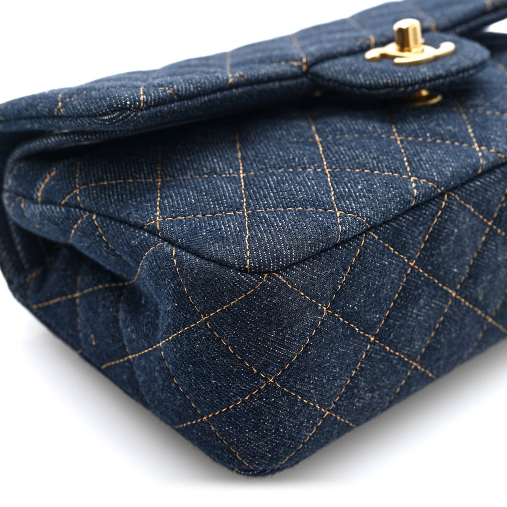 Denim Quilted Small Double Flap Dark Blue Orange wholesalehk.shop