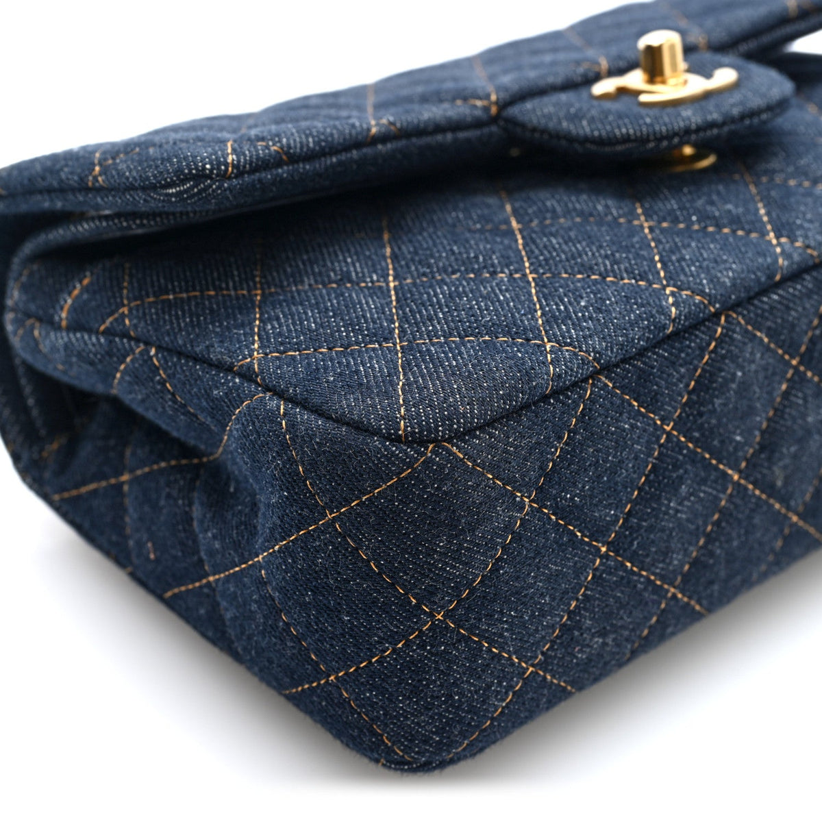 Denim Quilted Small Double Flap Dark Blue Orange wholesalehk.shop