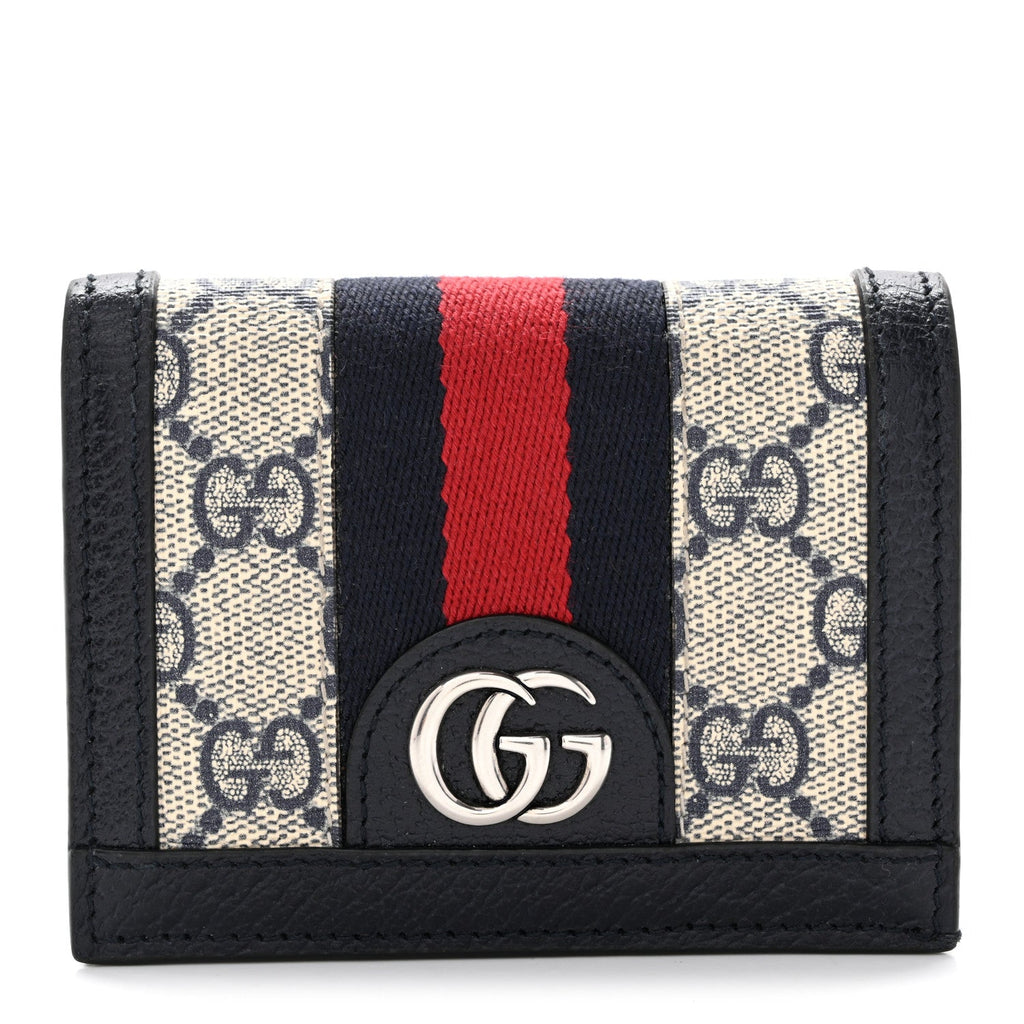 GG Supreme Monogram Textured Dollar Calfskin Web Ophidia Card Case Beige Blue wholesalehk.shop