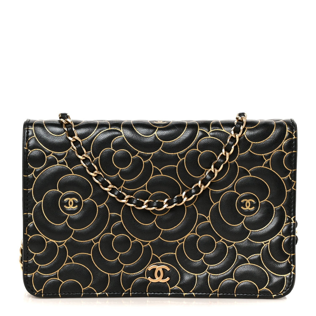 Lambskin Camellia Embossed Wallet On Chain WOC Black Gold wholesalehk.shop