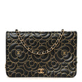 Lambskin Camellia Embossed Wallet On Chain WOC Black Gold wholesalehk.shop
