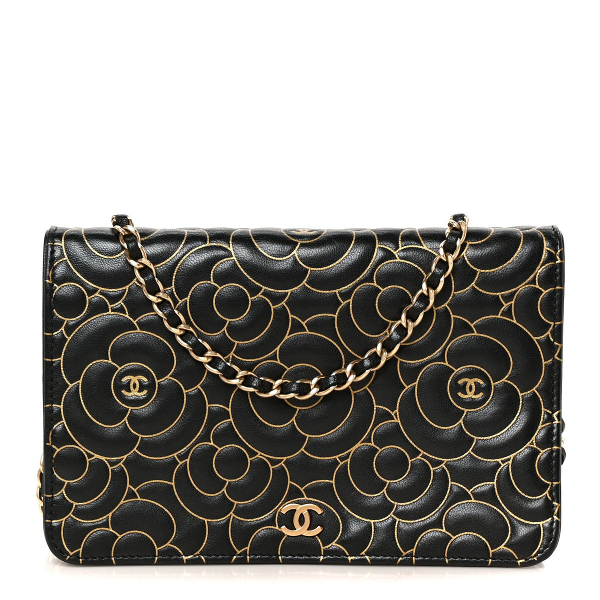 Lambskin Camellia Embossed Wallet On Chain WOC Black Gold wholesalehk.shop
