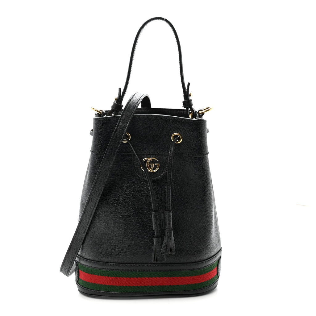 Glazed Textured Calfskin Web Small Ophidia Bucket Bag Black wholesalehk.shop