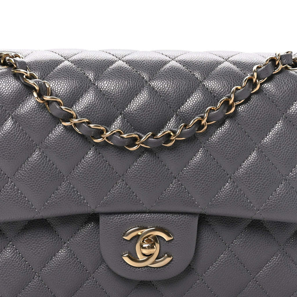 Caviar Quilted Medium Double Flap Dark Grey wholesalehk.shop