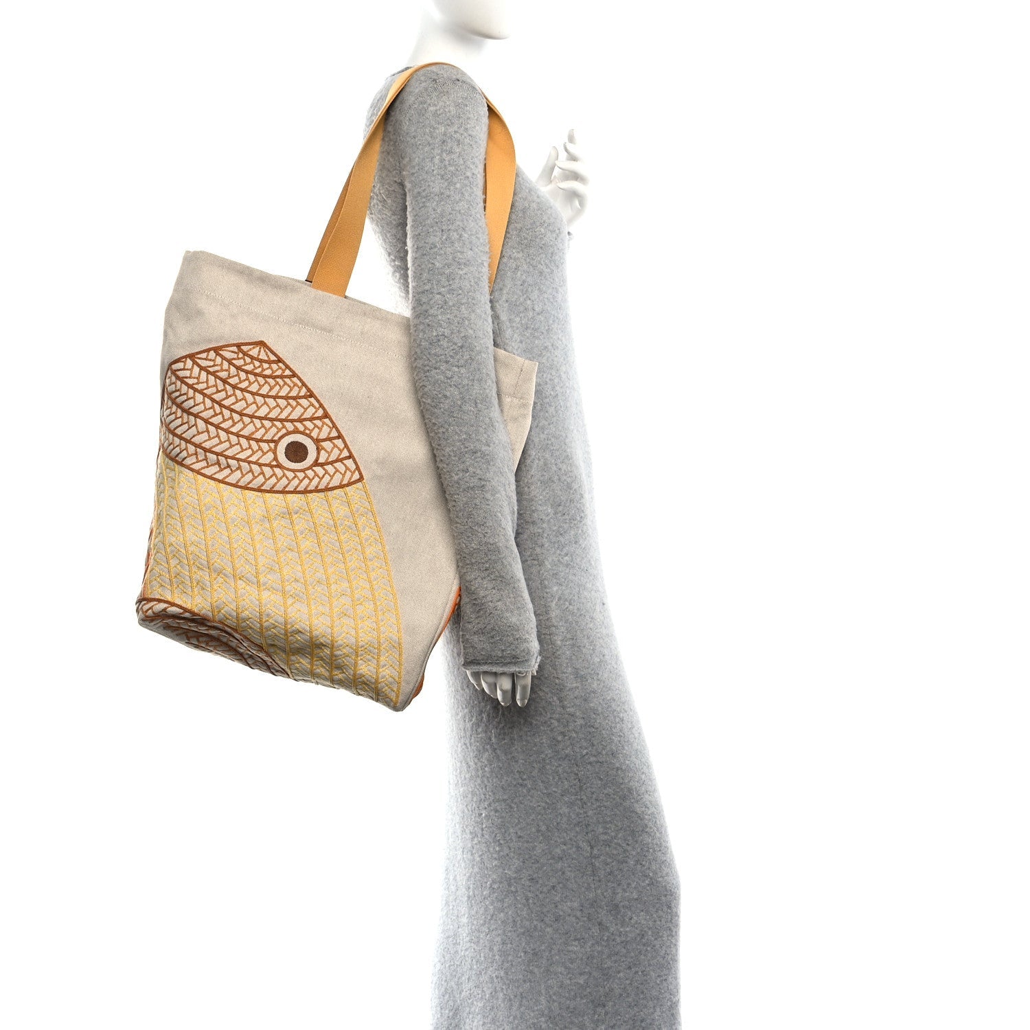 H Canvas Embroidered Poisson Natte Beach Bag Camel Jaune £¨ Direct shipment via from wholesalehk.shop