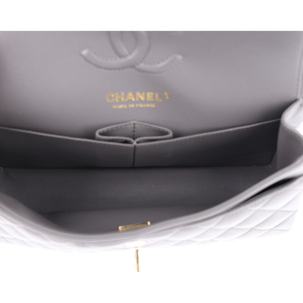 Lambskin Quilted Small Double Flap Grey wholesalehk.shop