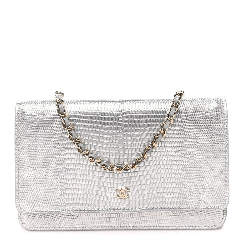 Calfskin Lizard Embossed Wallet on Chain WOC Silver wholesalehk.shop