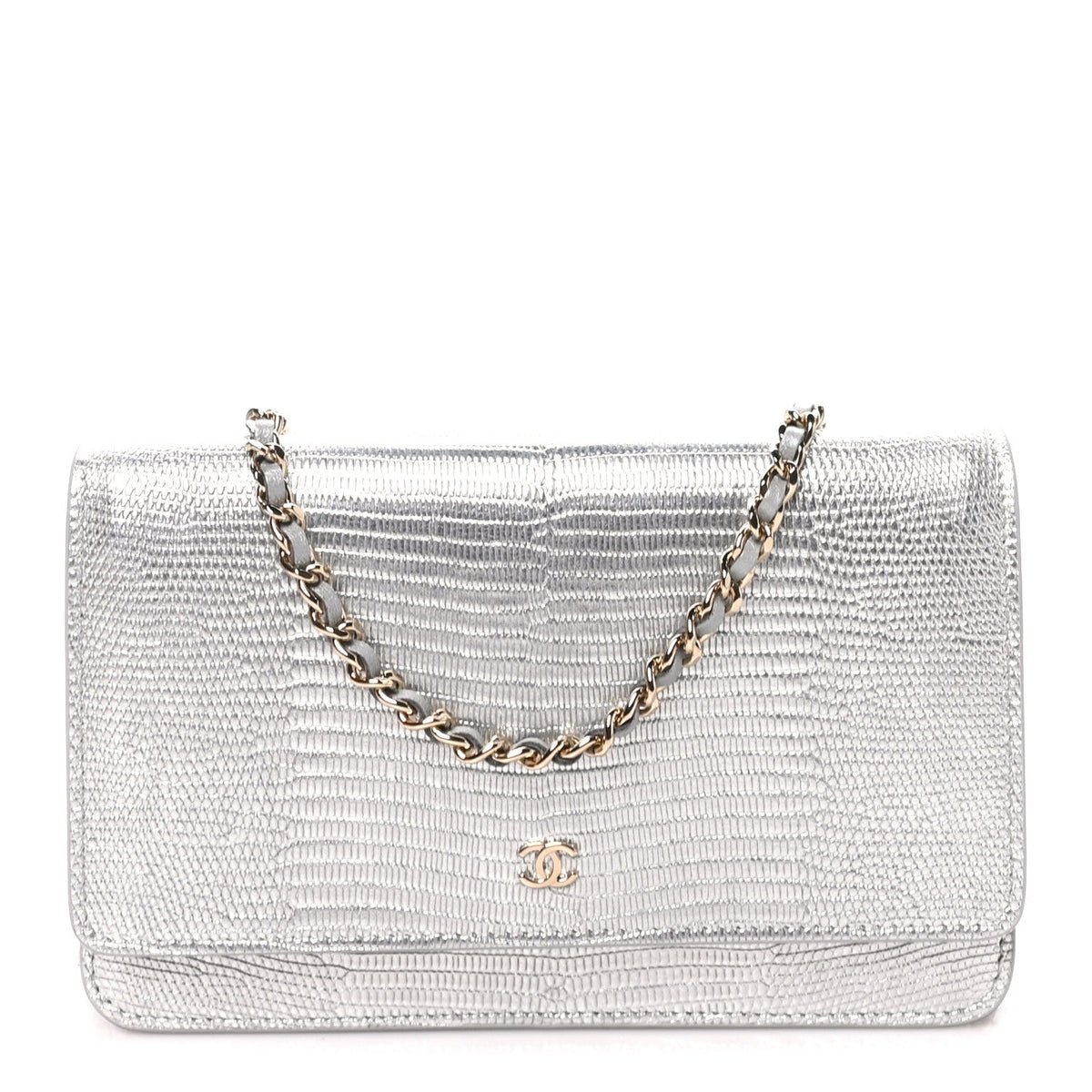 Calfskin Lizard Embossed Wallet on Chain WOC Silver wholesalehk.shop