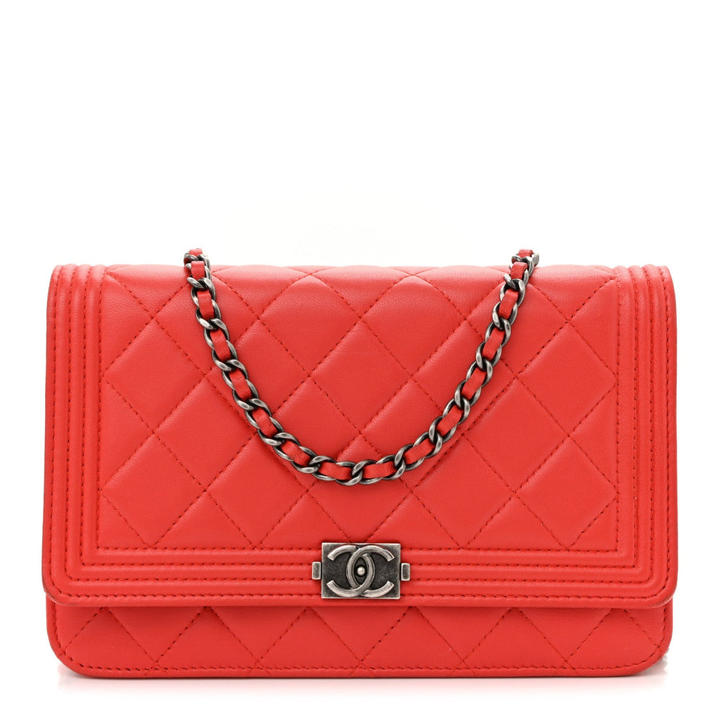 Lambskin Quilted Boy Wallet On Chain WOC Red wholesalehk.shop