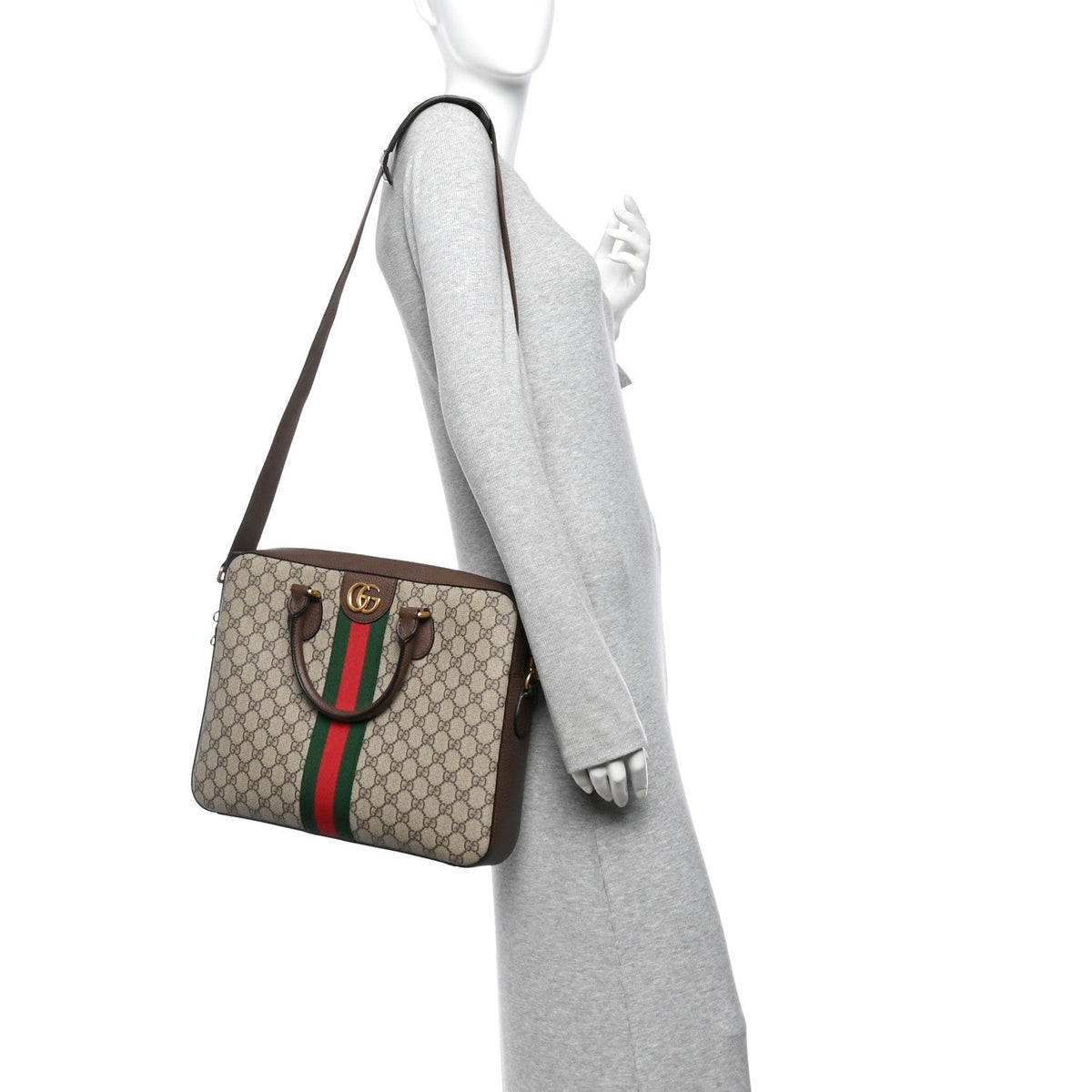 GG Supreme Monogram Textured Calfskin Web Medium Ophidia Briefcase Beige Ebony New Acero wholesalehk.shop