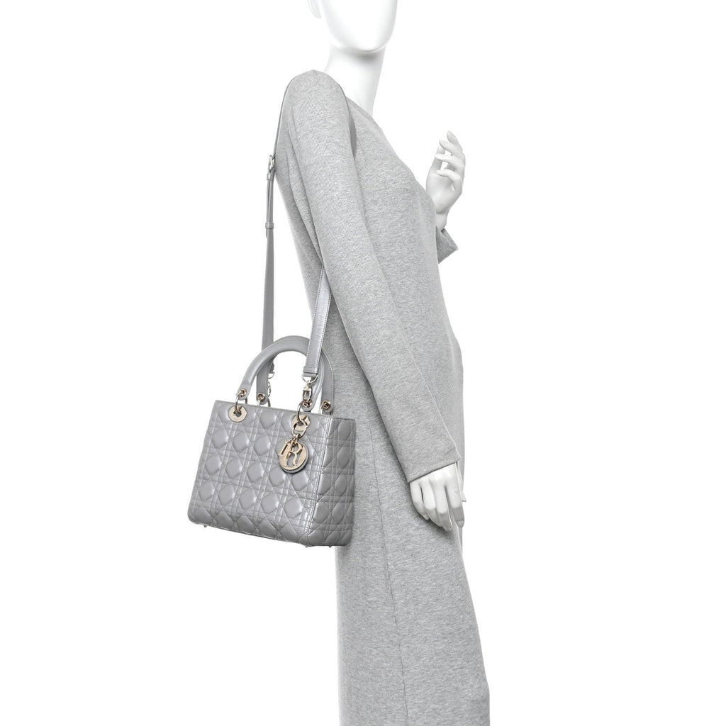 Pearly Lambskin Cannage Medium Lady Dior Grey wholesalehk.shop