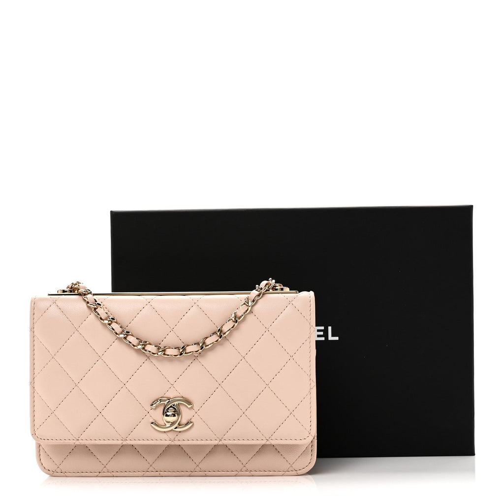 Lambskin Quilted Trendy CC Wallet On Chain WOC Light Beige wholesalehk.shop