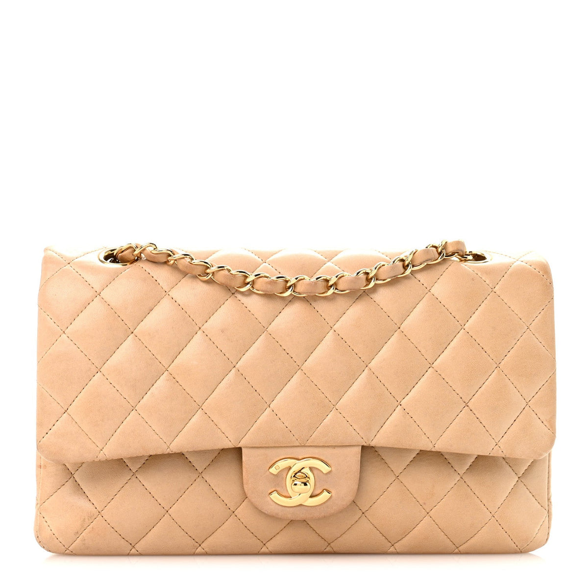 Lambskin Quilted Medium Double Flap Beige wholesalehk.shop