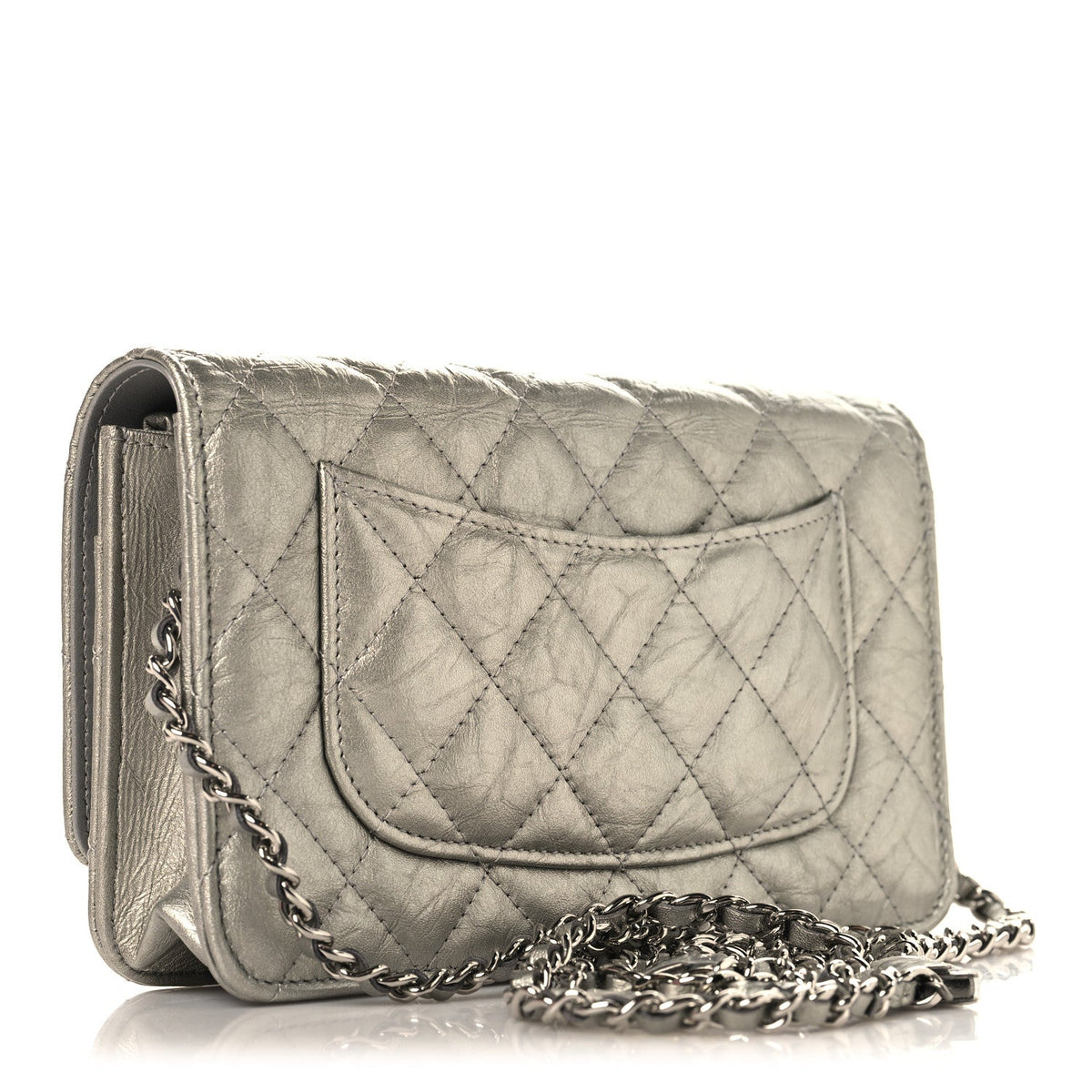 Metallic Crumpled Calfskin Quilted Flap Charm Wallet On Chain WOC Silver wholesalehk.shop