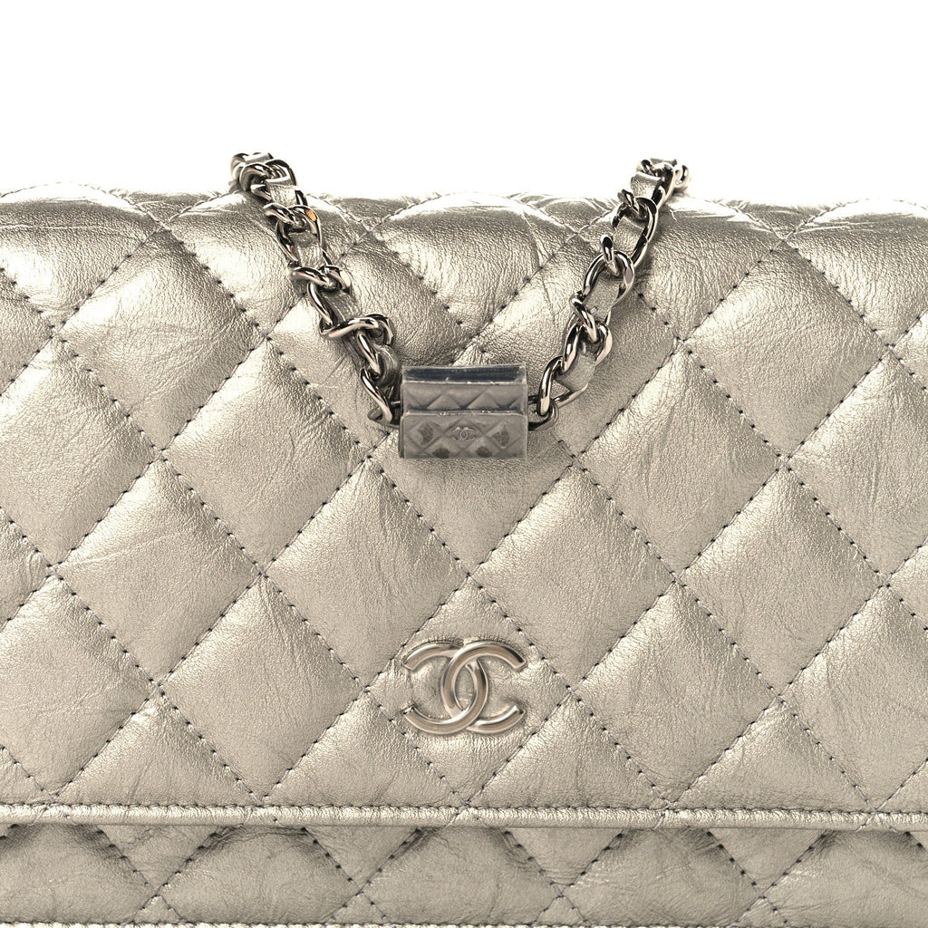 Metallic Crumpled Calfskin Quilted Flap Charm Wallet On Chain WOC Silver wholesalehk.shop
