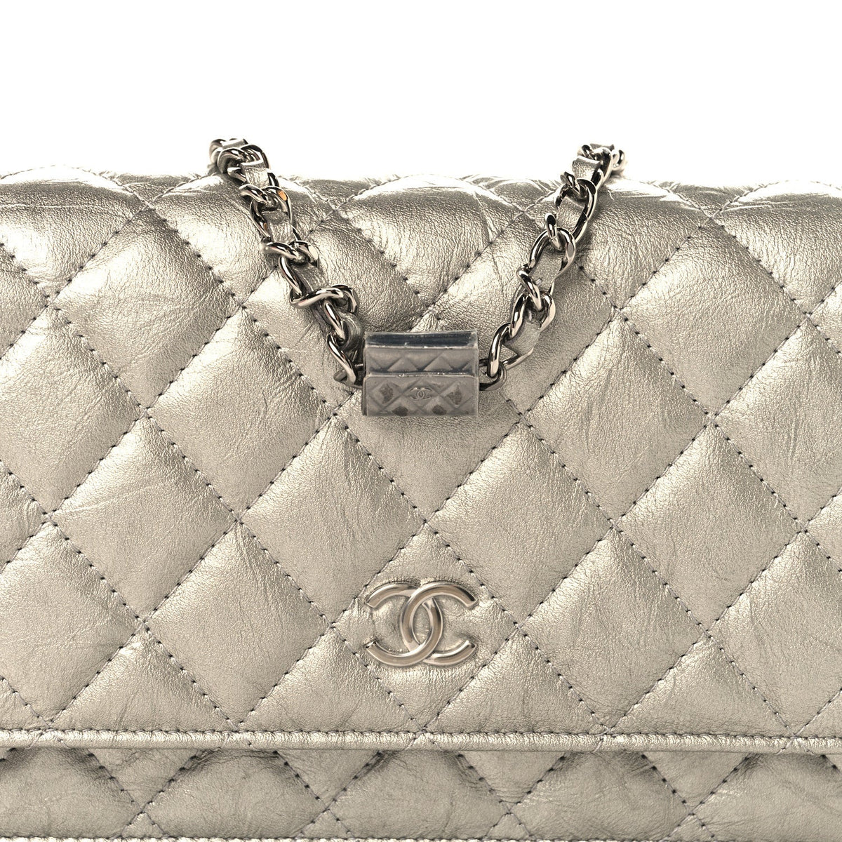 Metallic Crumpled Calfskin Quilted Flap Charm Wallet On Chain WOC Silver wholesalehk.shop