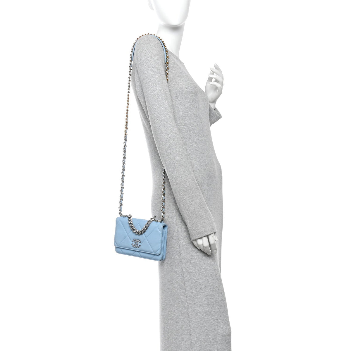 Lambskin Quilted Chanel 19 Wallet On Chain WOC Light Blue wholesalehk.shop