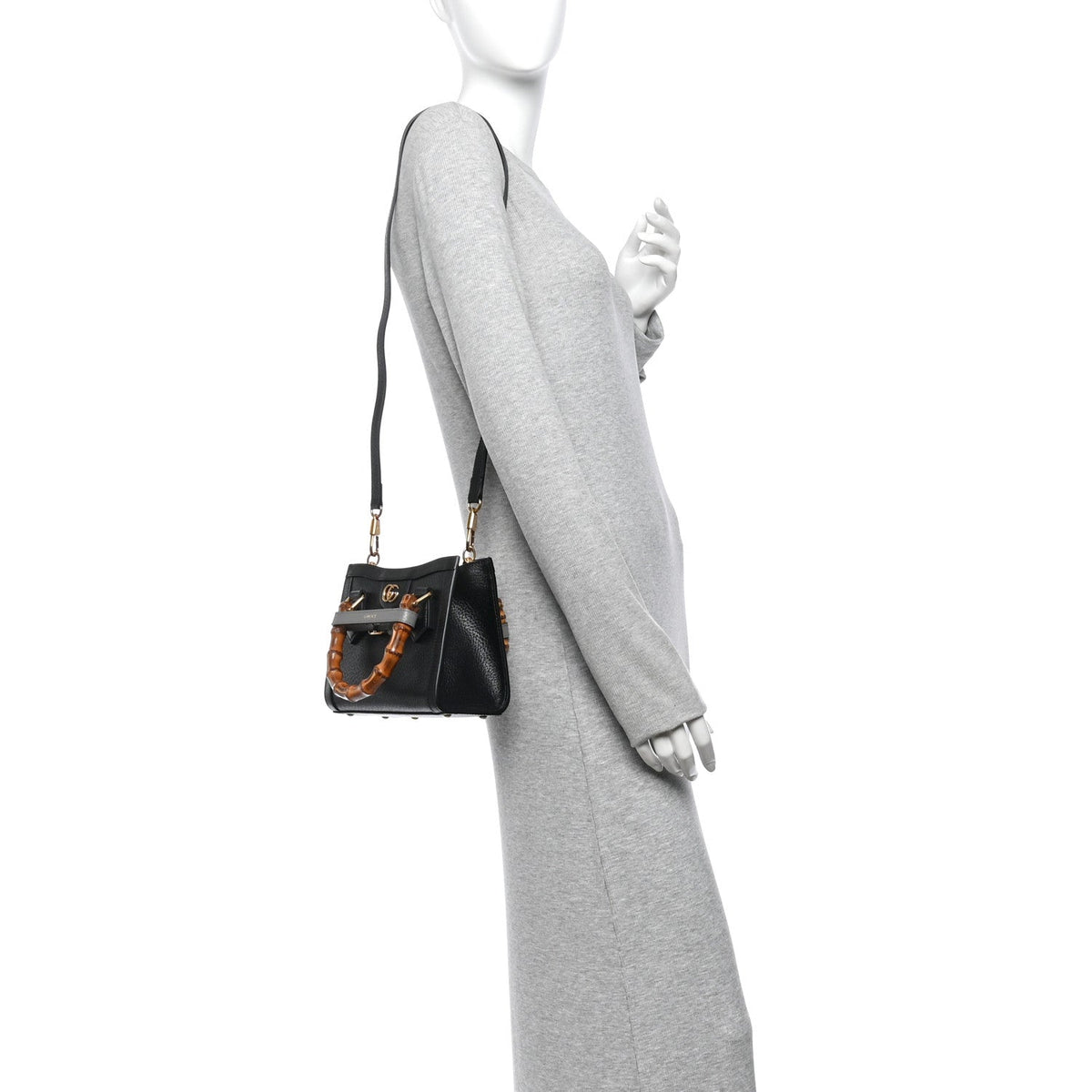 Textured Dollar Calfskin Web Mini Diana Tote Bag Black Dusty Grey wholesalehk.shop