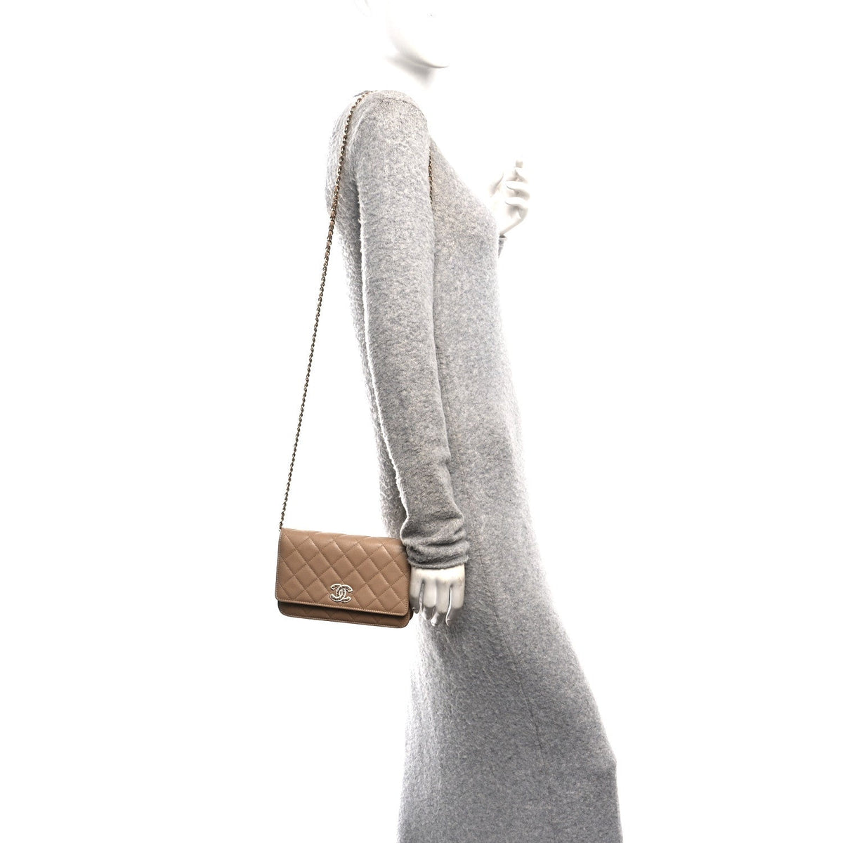 Caviar Quilted Crystal CC Wallet On Chain WOC Beige wholesalehk.shop