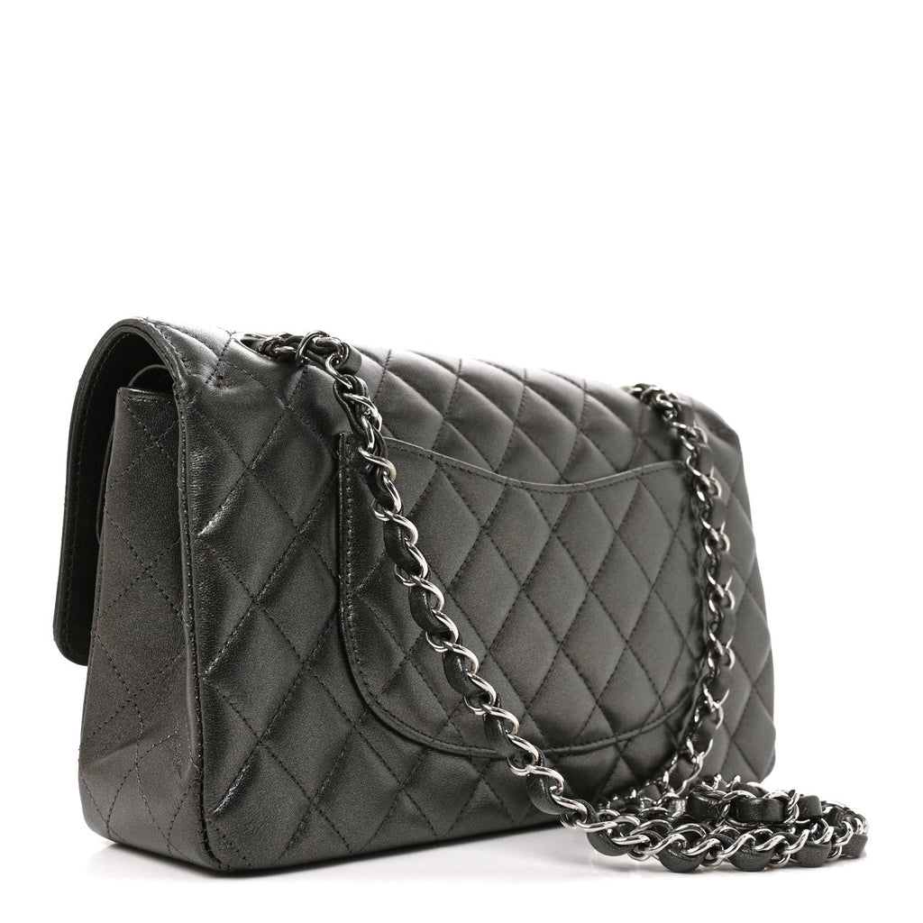 Metallic Lambskin Quilted Medium Double Flap Anthracite wholesalehk.shop