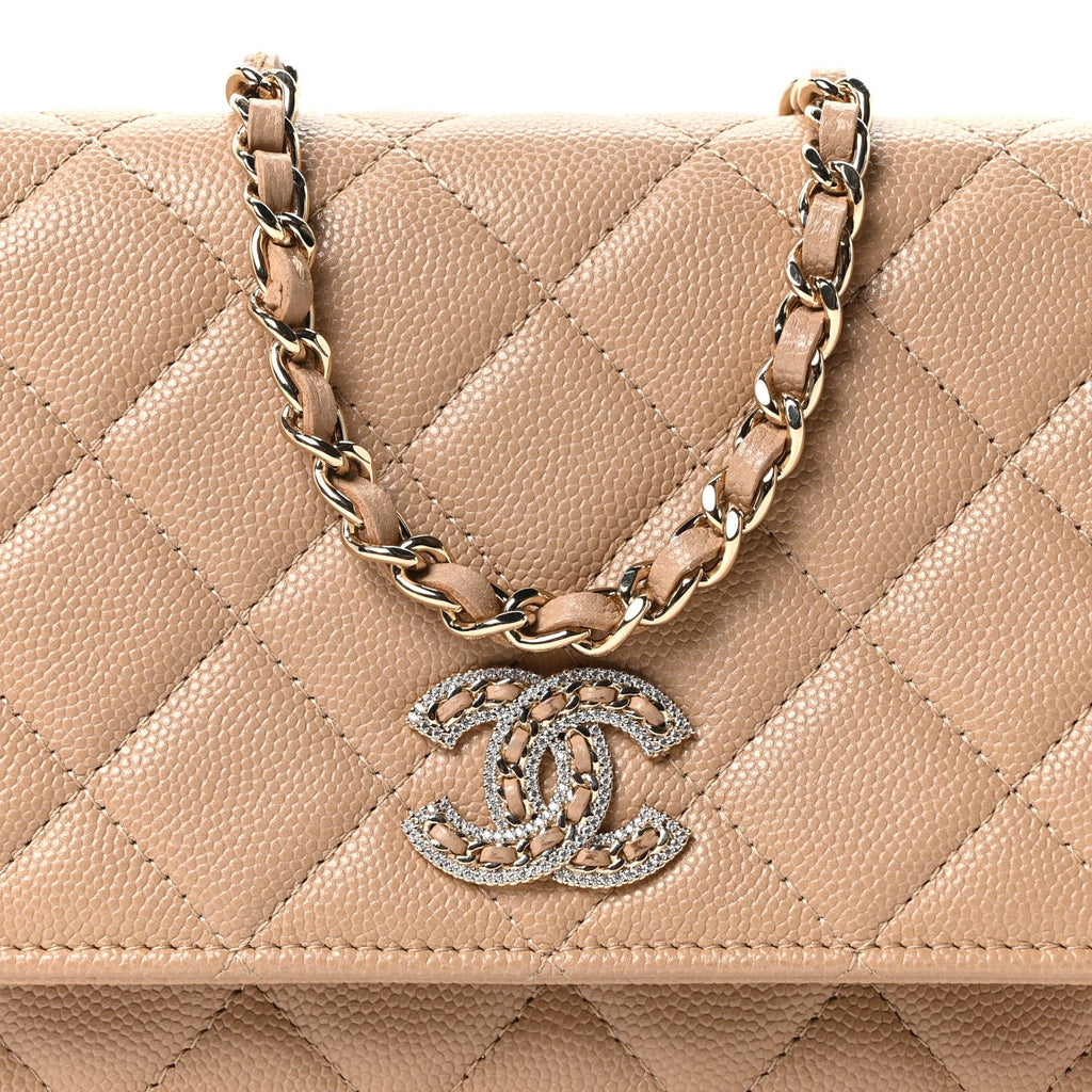 Caviar Quilted Crystal CC Wallet On Chain WOC Beige wholesalehk.shop