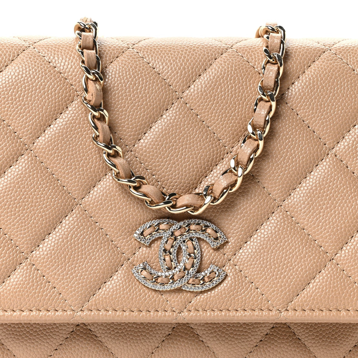 Caviar Quilted Crystal CC Wallet On Chain WOC Beige wholesalehk.shop