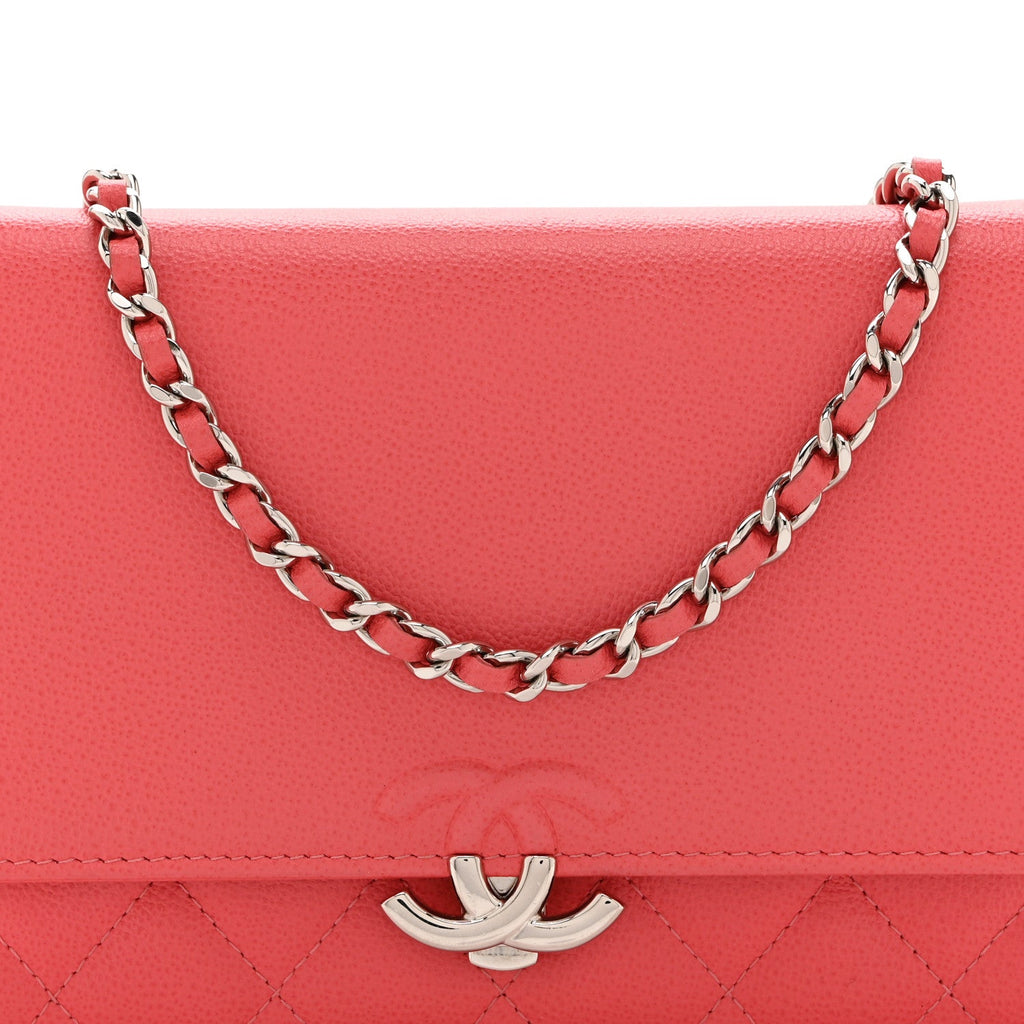 Grained Calfskin Quilted CC Box Wallet On Chain WOC Pink wholesalehk.shop