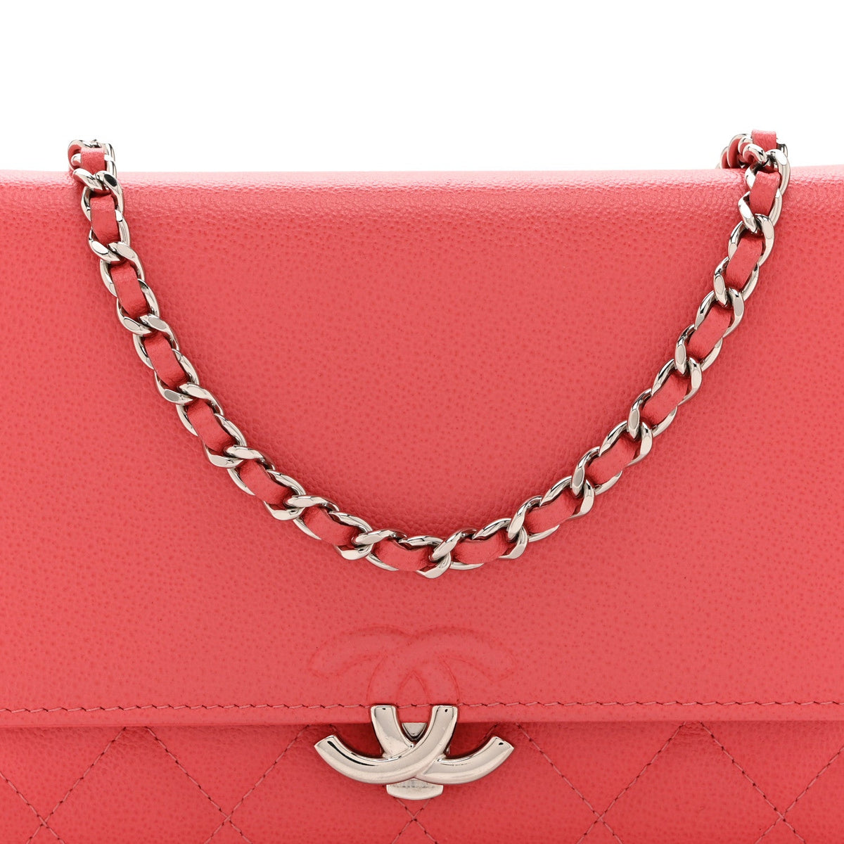 Grained Calfskin Quilted CC Box Wallet On Chain WOC Pink wholesalehk.shop
