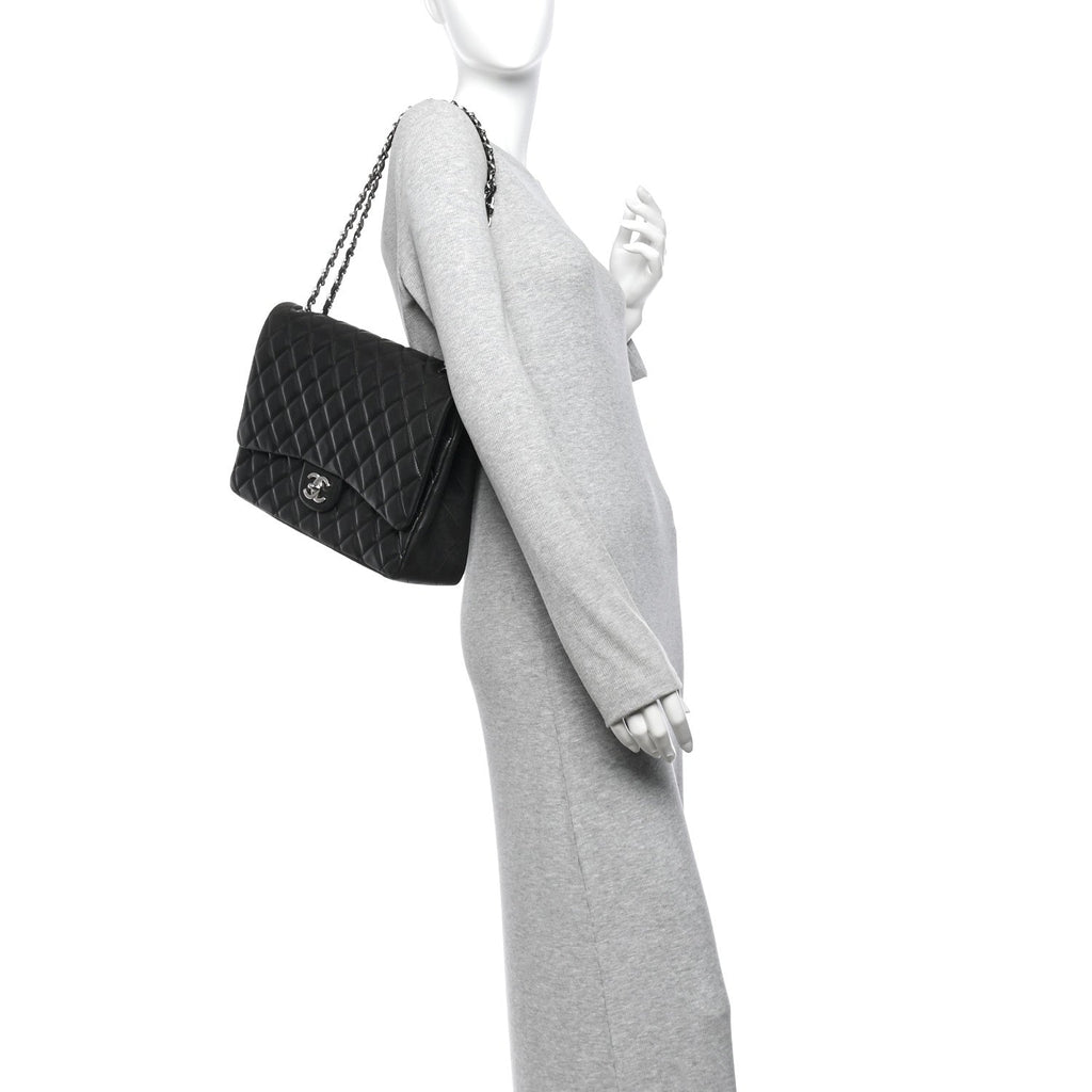 Lambskin Quilted Maxi Double Flap Black wholesalehk.shop