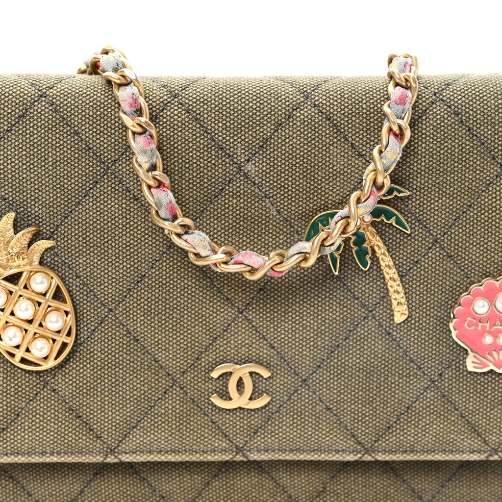 Canvas Quilted Coco Cuba Charms Wallet On Chain WOC Khaki wholesalehk.shop