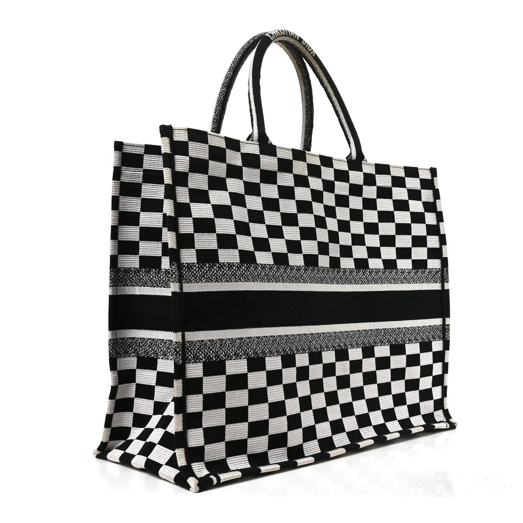 Canvas Embroidered Checkered Book Tote Black White £¨ Direct shipment via from wholesalehk.shop