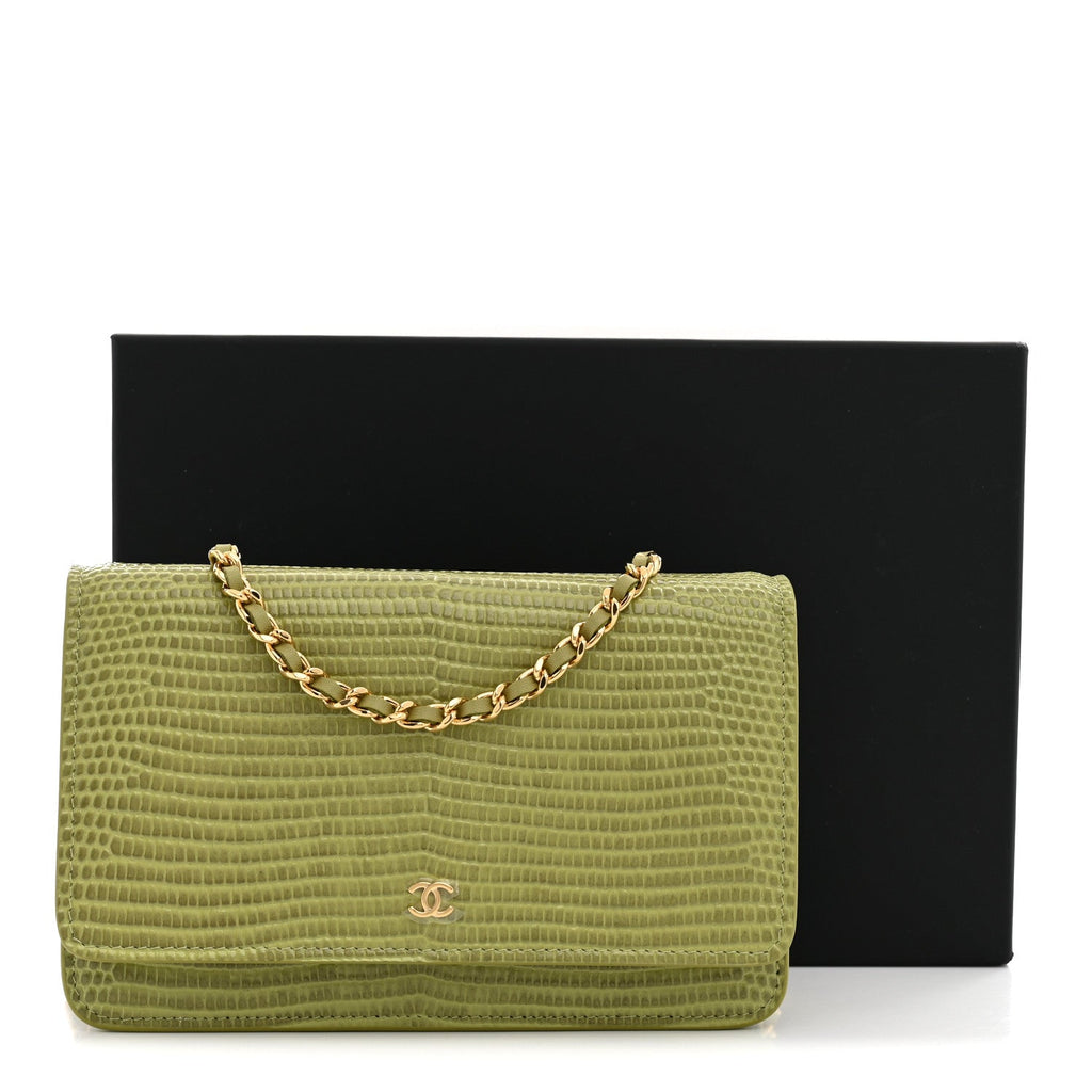 Calfskin Lizard Embossed Wallet On Chain WOC Green wholesalehk.shop