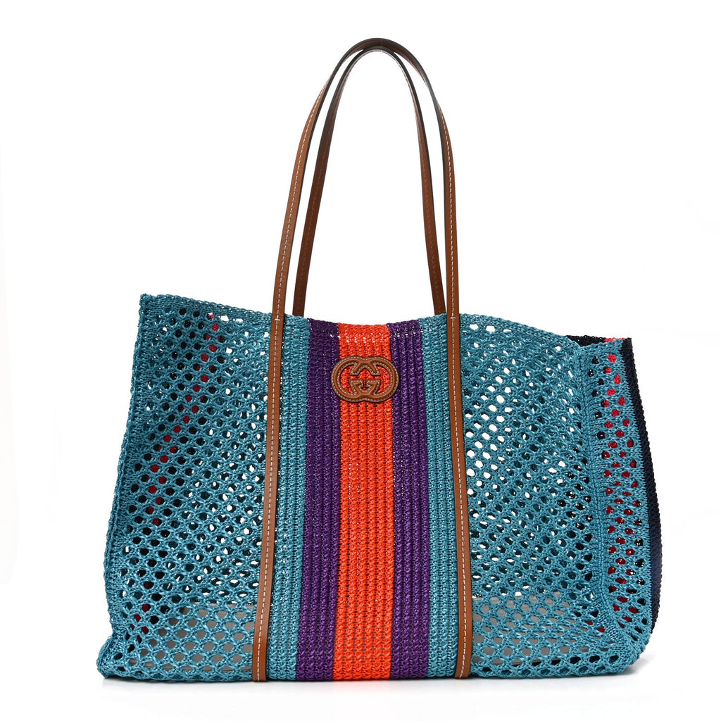 Raffia Web Woven Interlocking G Tote Blue Multicolor wholesalehk.shop