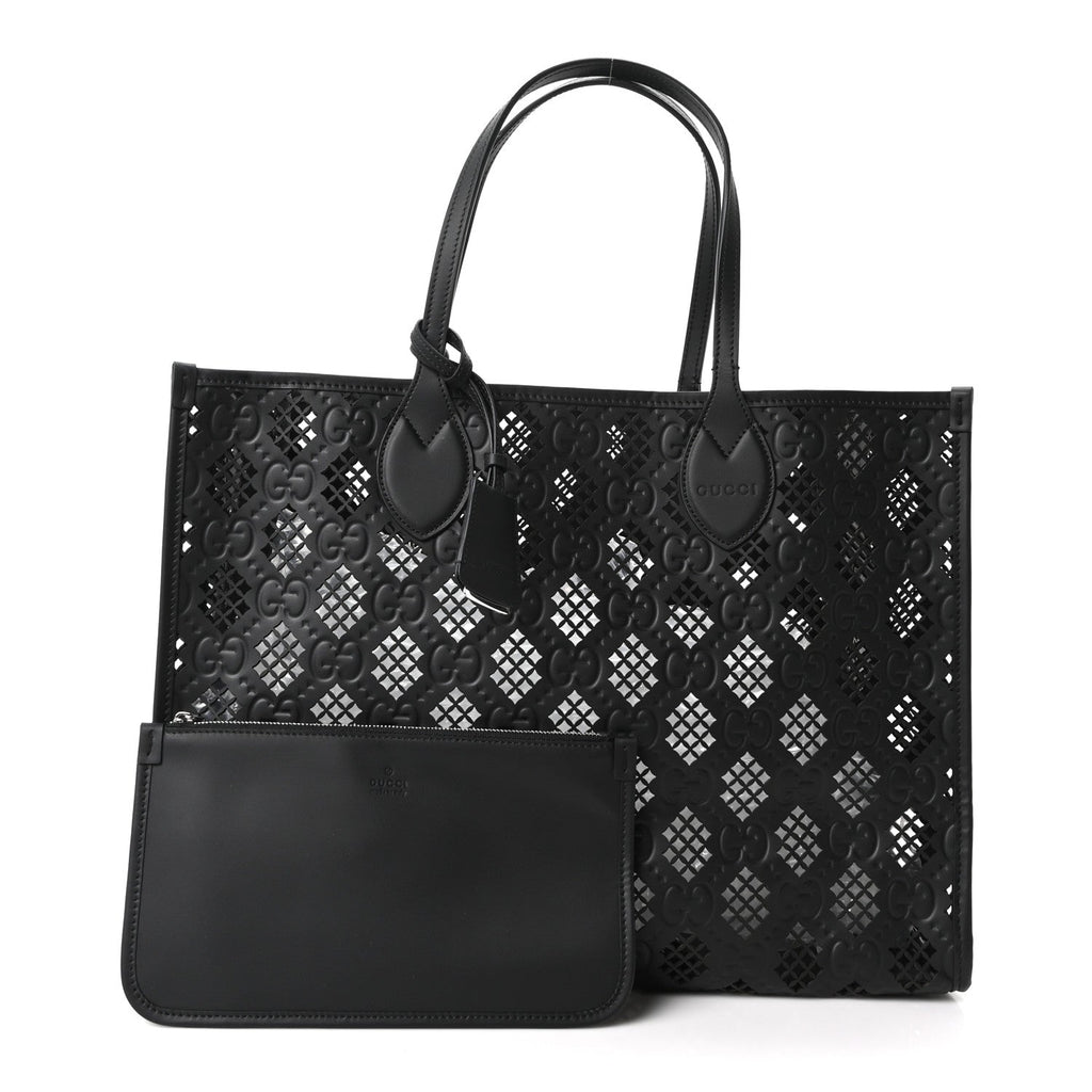 Calfskin GG Monogram Diamond Cut Medium Ophidia Tote Bag Black wholesalehk.shop