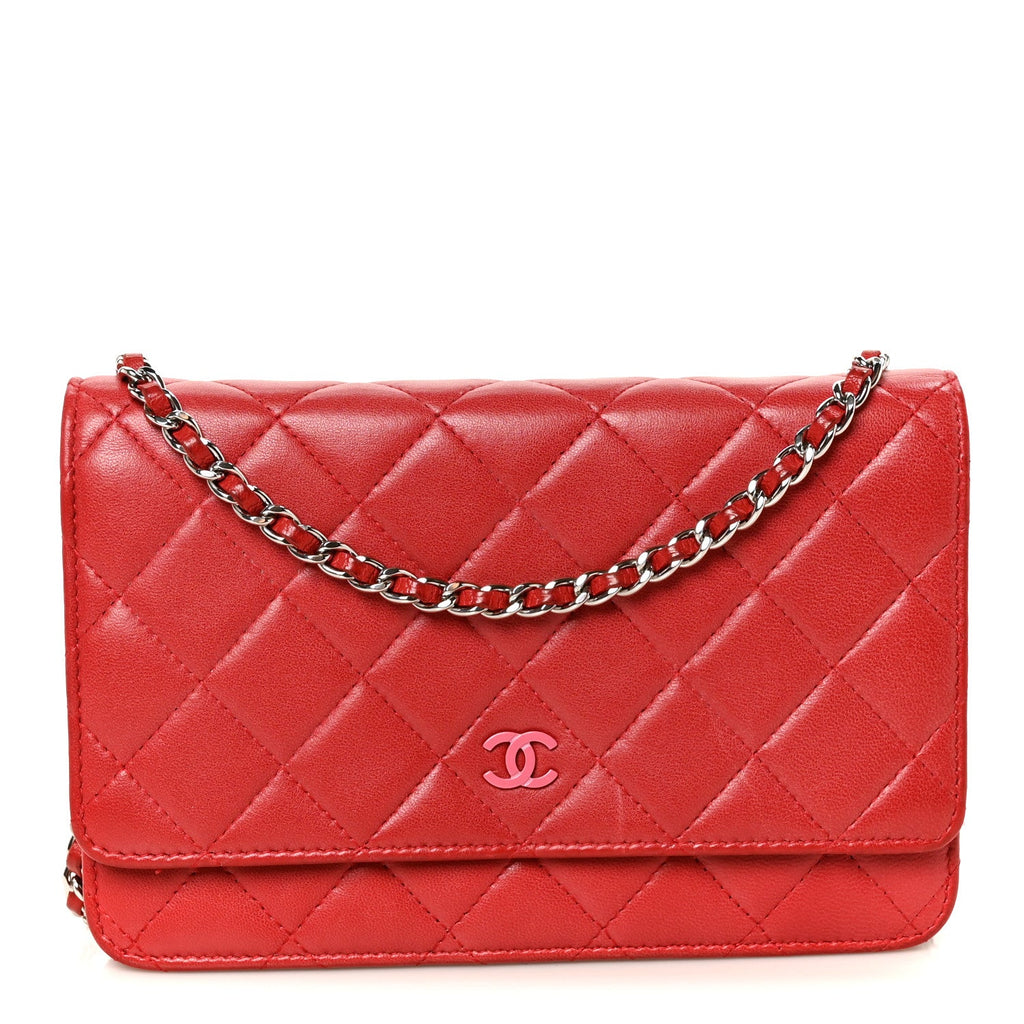 Lambskin Quilted Wallet On Chain WOC Red Pink wholesalehk.shop