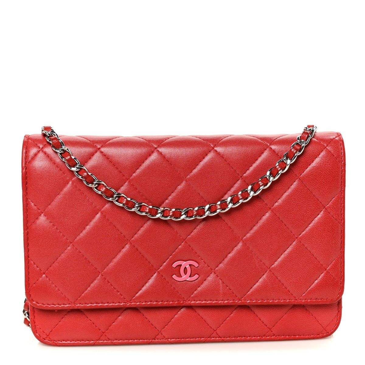 Lambskin Quilted Wallet On Chain WOC Red Pink wholesalehk.shop