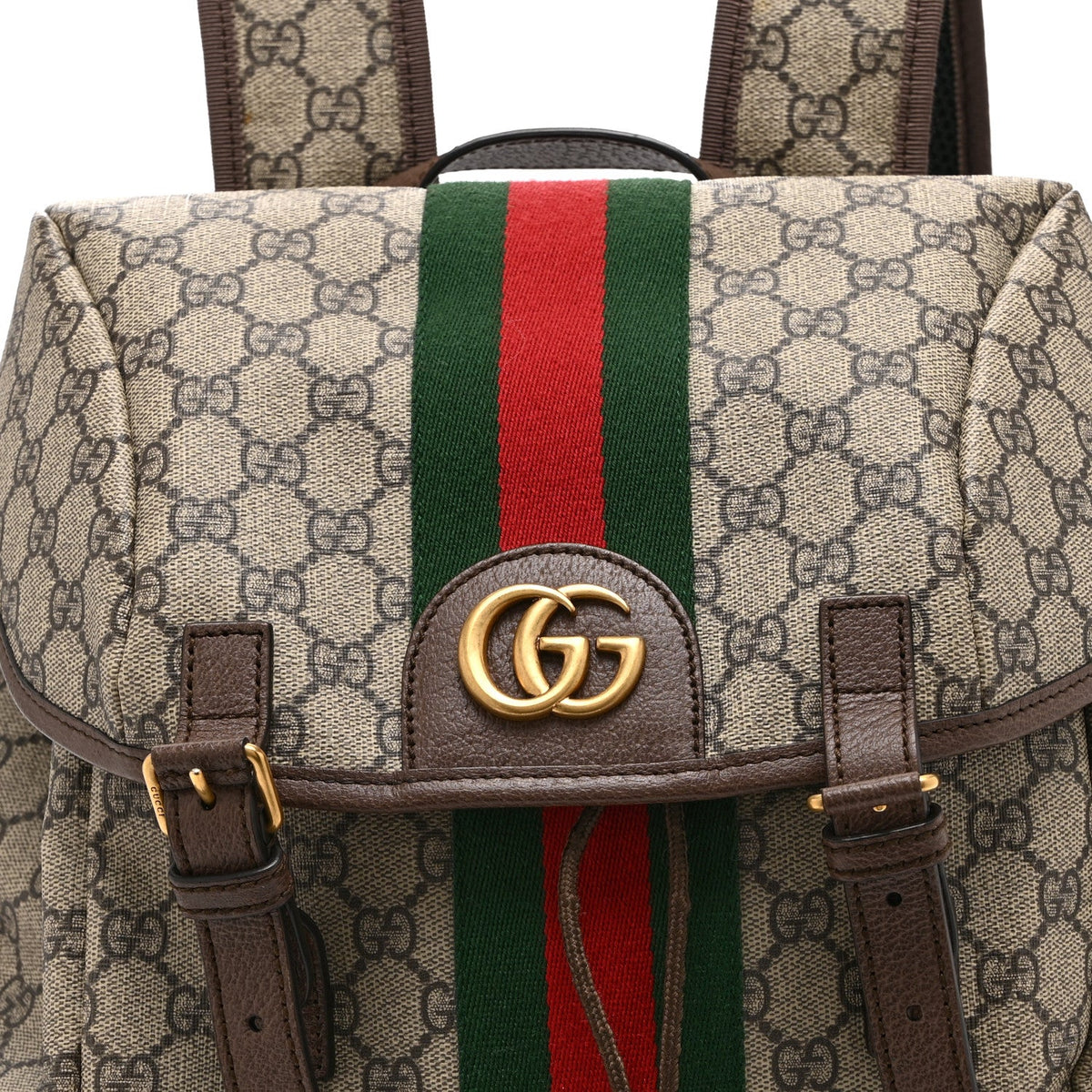 GG Supreme Monogram Medium Ophidia Double Buckle Backpack Brown wholesalehk.shop
