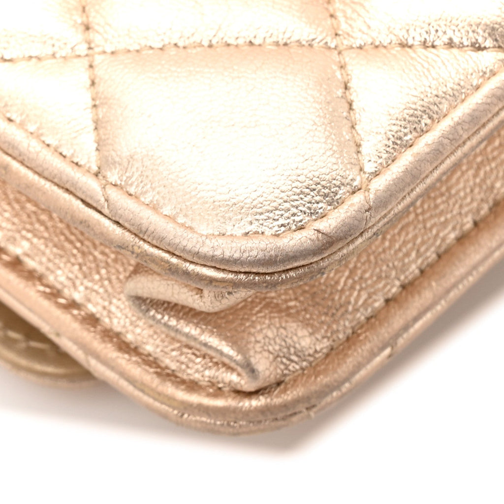 Metallic Lambskin Quilted Wallet On Chain WOC Gold Black wholesalehk.shop