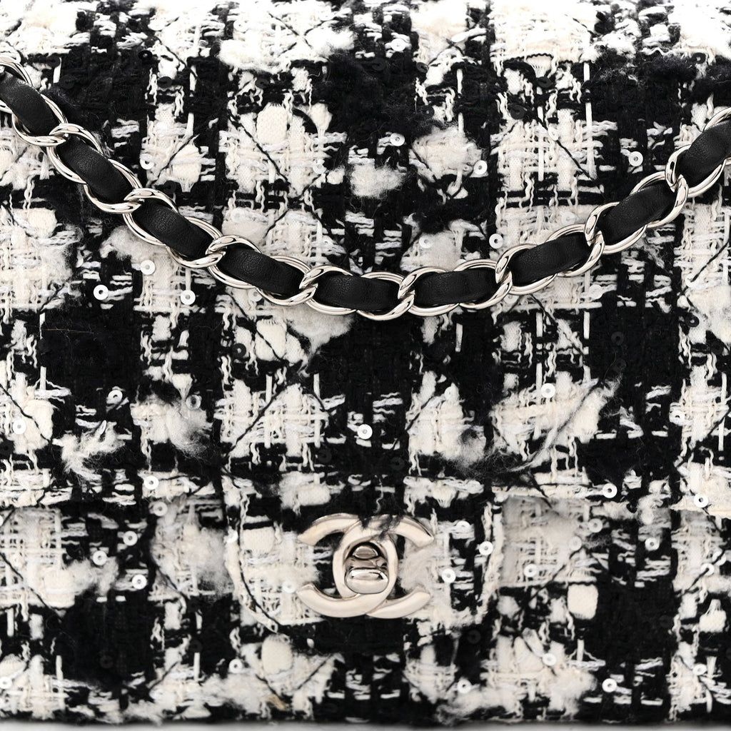 Tweed Sequin Quilted Medium Double Flap Black White wholesalehk.shop