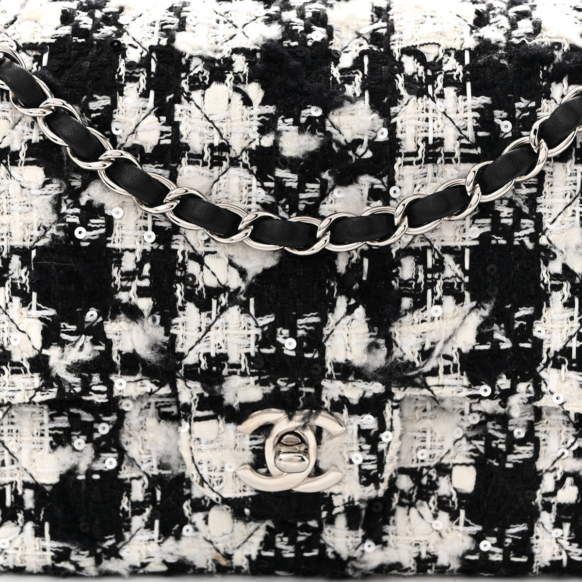 Tweed Sequin Quilted Medium Double Flap Black White wholesalehk.shop