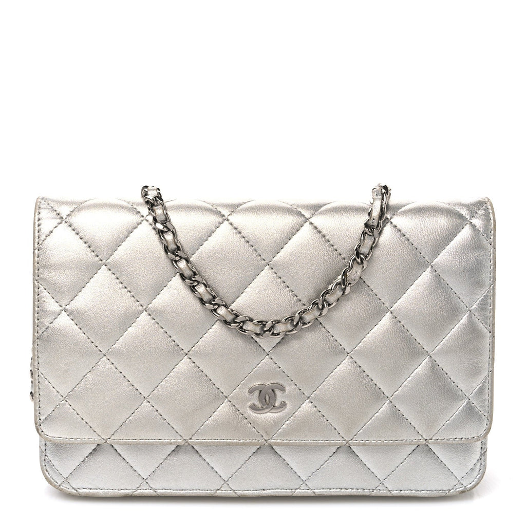 Metallic Lambskin Quilted Wallet On Chain WOC Silver wholesalehk.shop