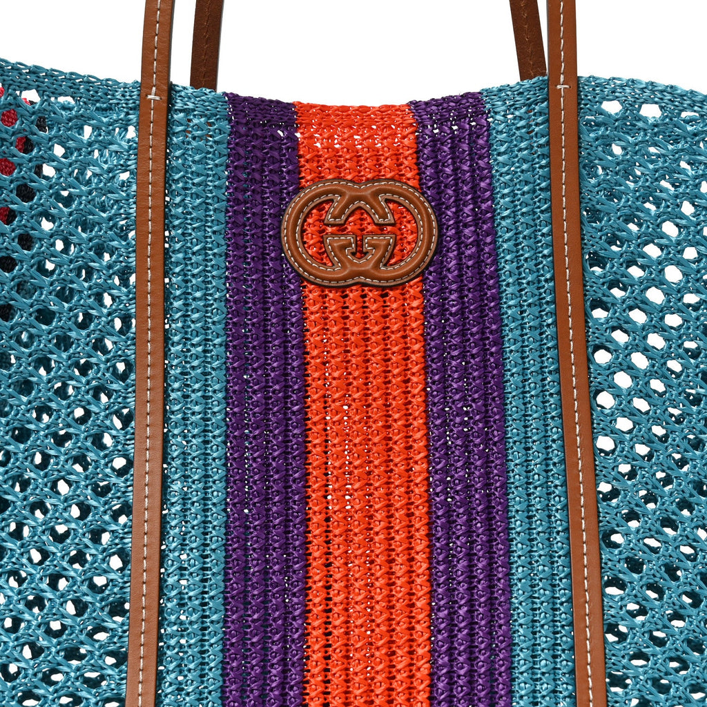 Raffia Web Woven Interlocking G Tote Blue Multicolor wholesalehk.shop