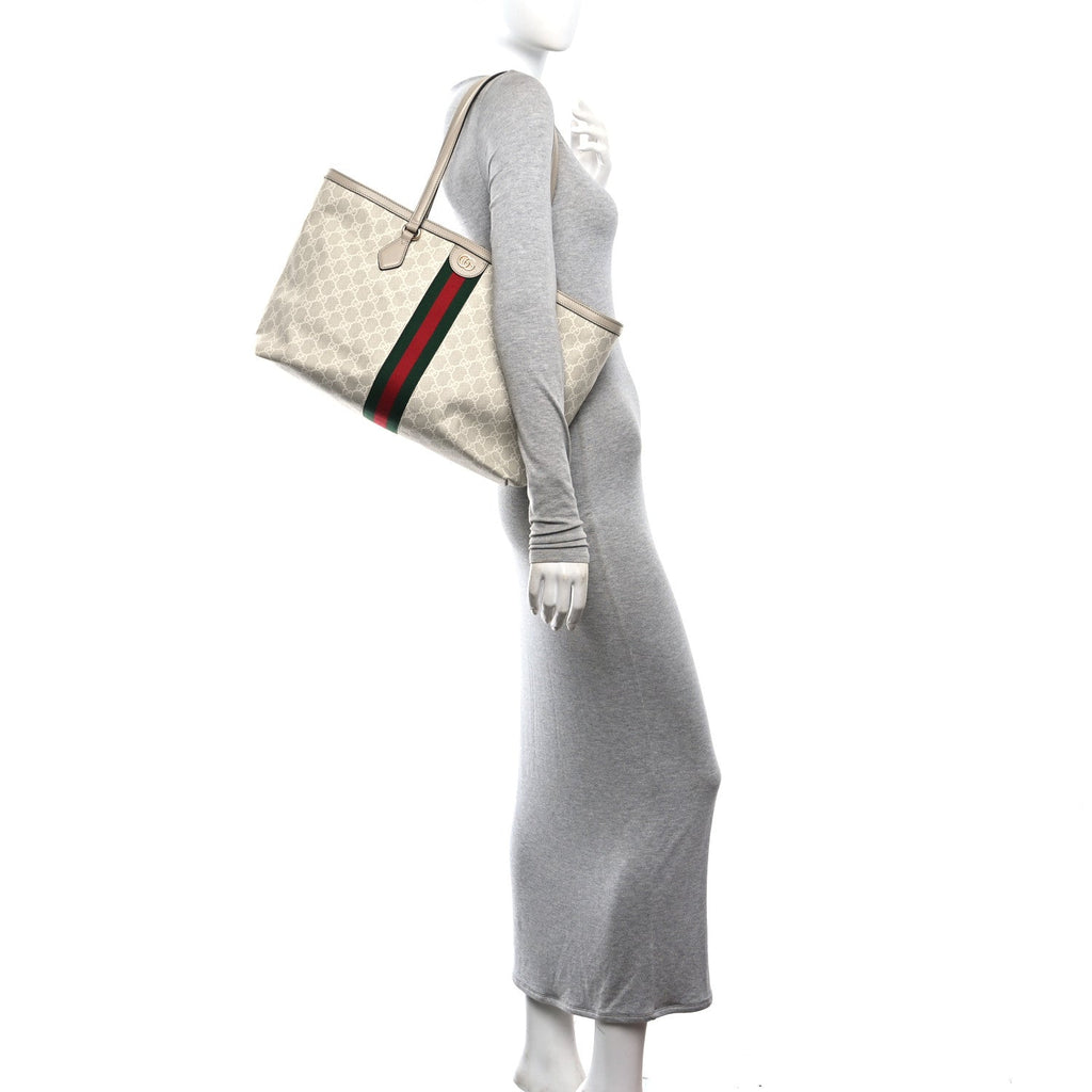 GG Supreme Monogram Textured Dollar Calfskin Web Medium Ophidia Shopping Tote Beige Mystic White Oatmeal wholesalehk.shop
